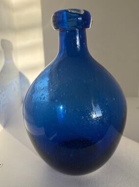 Hand Blown Blue Glass Vase w/ Pontil Bubbles